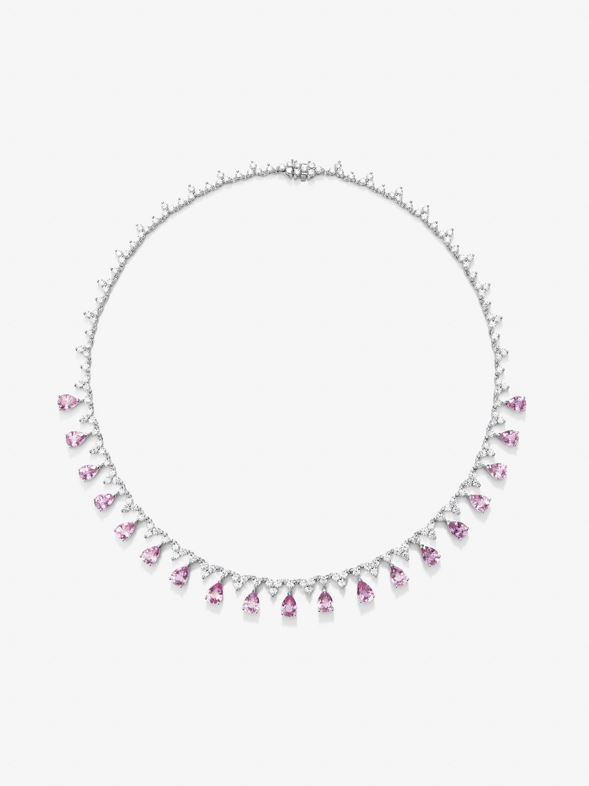 Collar rivière de oro blanco de 18K con zafiros rosas en talla pera de 16,03 cts y diamantes blancos en talla redonda de 8,85 cts