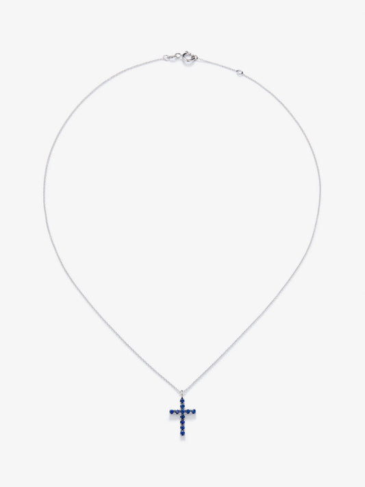 Colgante de oro blanco de 18K con cruz de 11 zafiros en talla brillante con un total de 0,5 cts