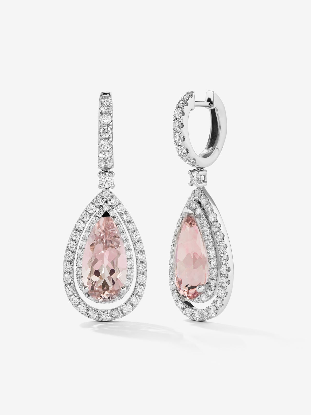 Pendientes aro colgante morganita en talla pera con orla de oro blanco de 18K con diamantes