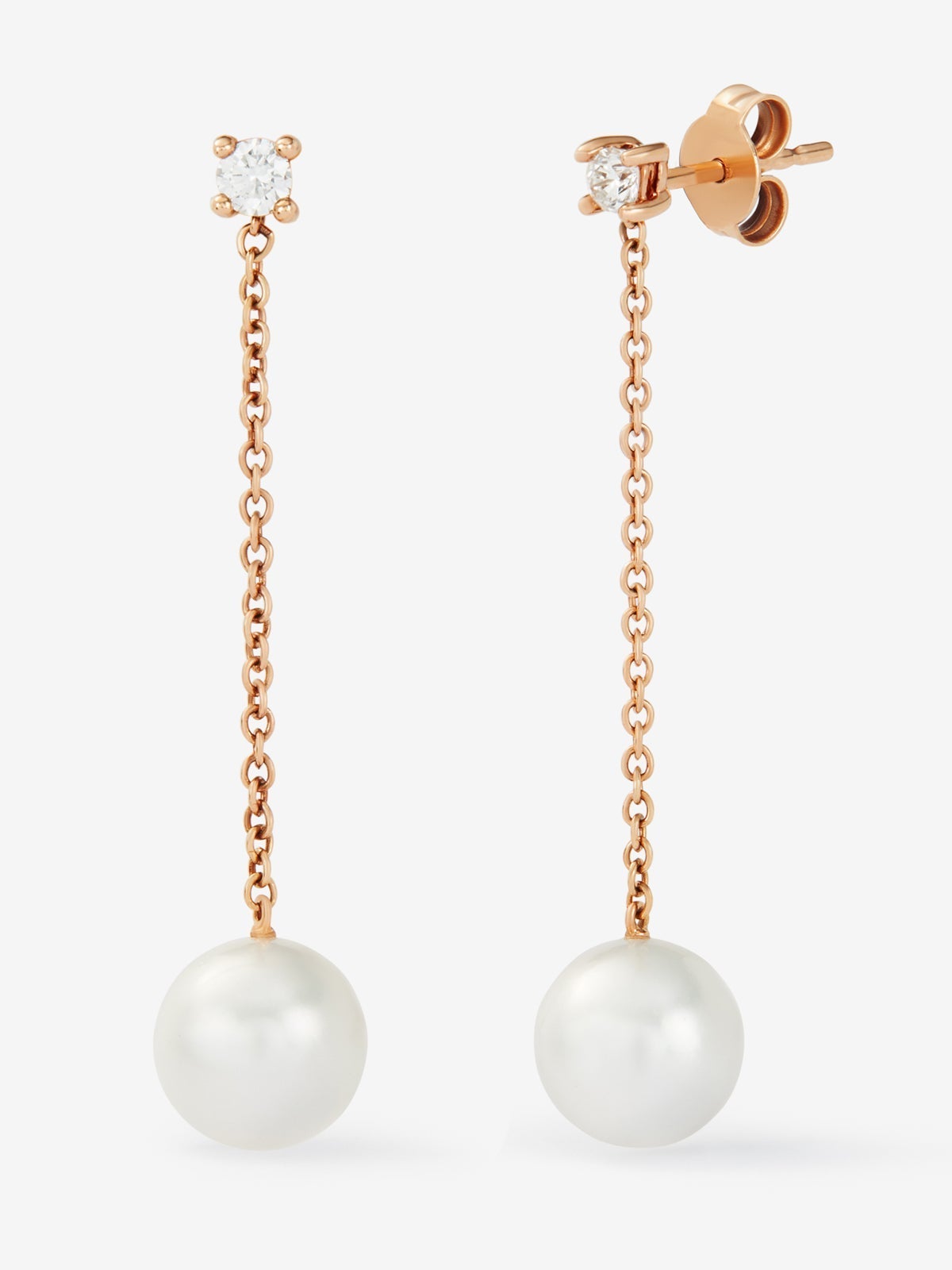 Pendientes de cadena de oro rosa de 18K con 2 diamantes en talla brillante con un total de 0,22 cts y 2 perlas 9mm