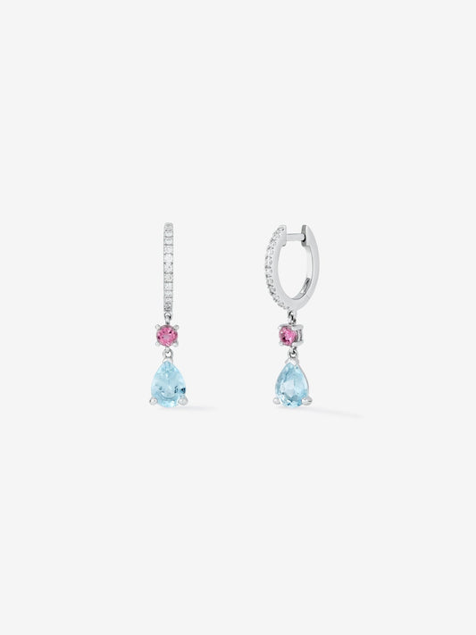 Pendientes de aro con colgante de oro blanco de 18K con aguamarina y turmalina