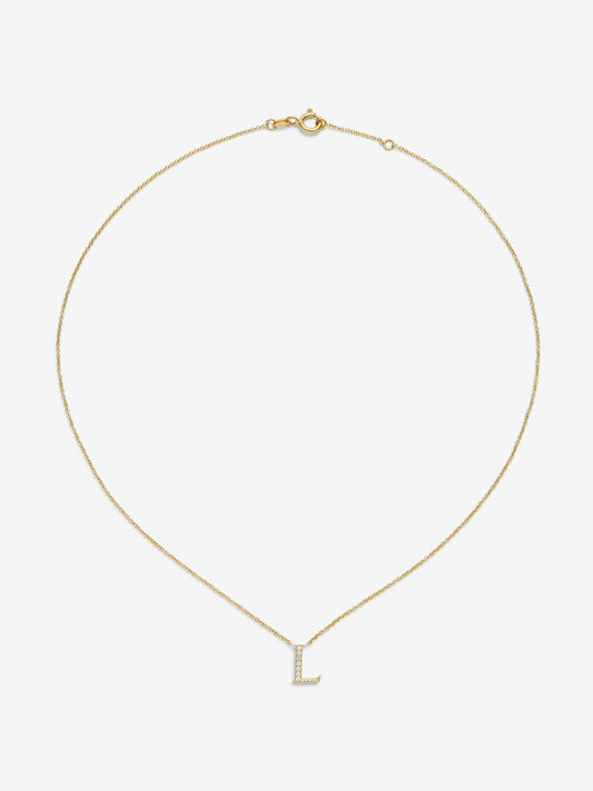 Colgante de oro amarillo de 18K con letra L y 12 diamantes en talla brillante con un total de 0,07 cts