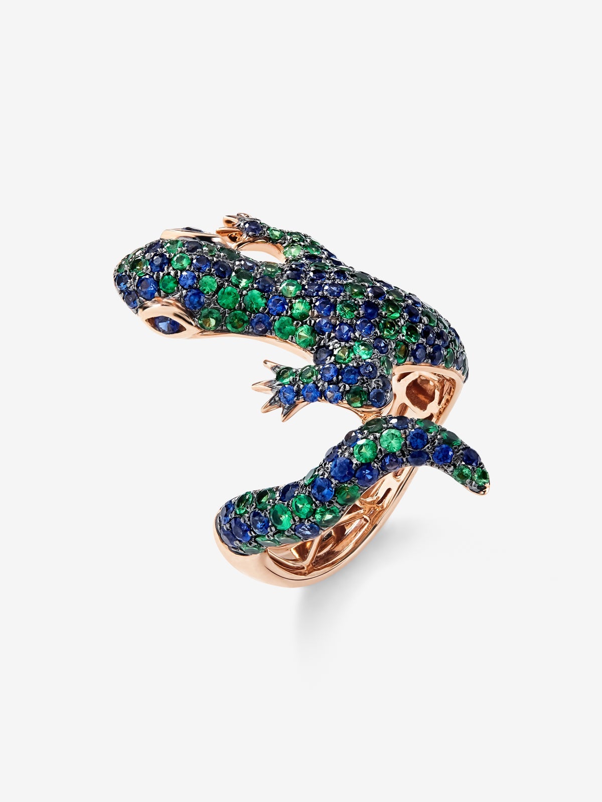Anillo de oro rosa de 18K con 79 tsavoritas en talla brillante con un total de 1,35 cts y 81 zafiros azules en talla brillante con un total de 1,35 cts con forma de salamandra