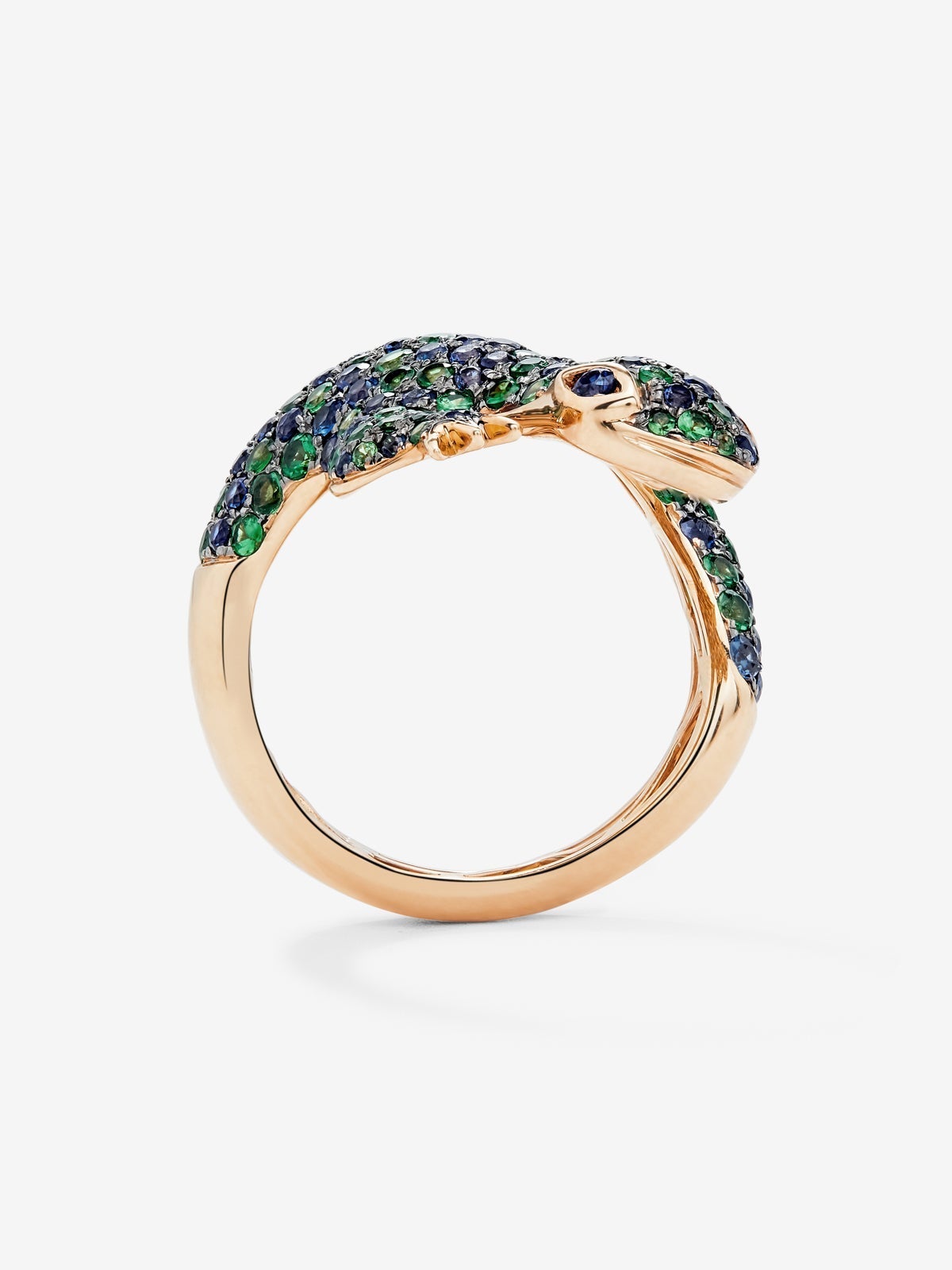Anillo de oro rosa de 18K con 79 tsavoritas en talla brillante con un total de 1,35 cts y 81 zafiros azules en talla brillante con un total de 1,35 cts con forma de salamandra
