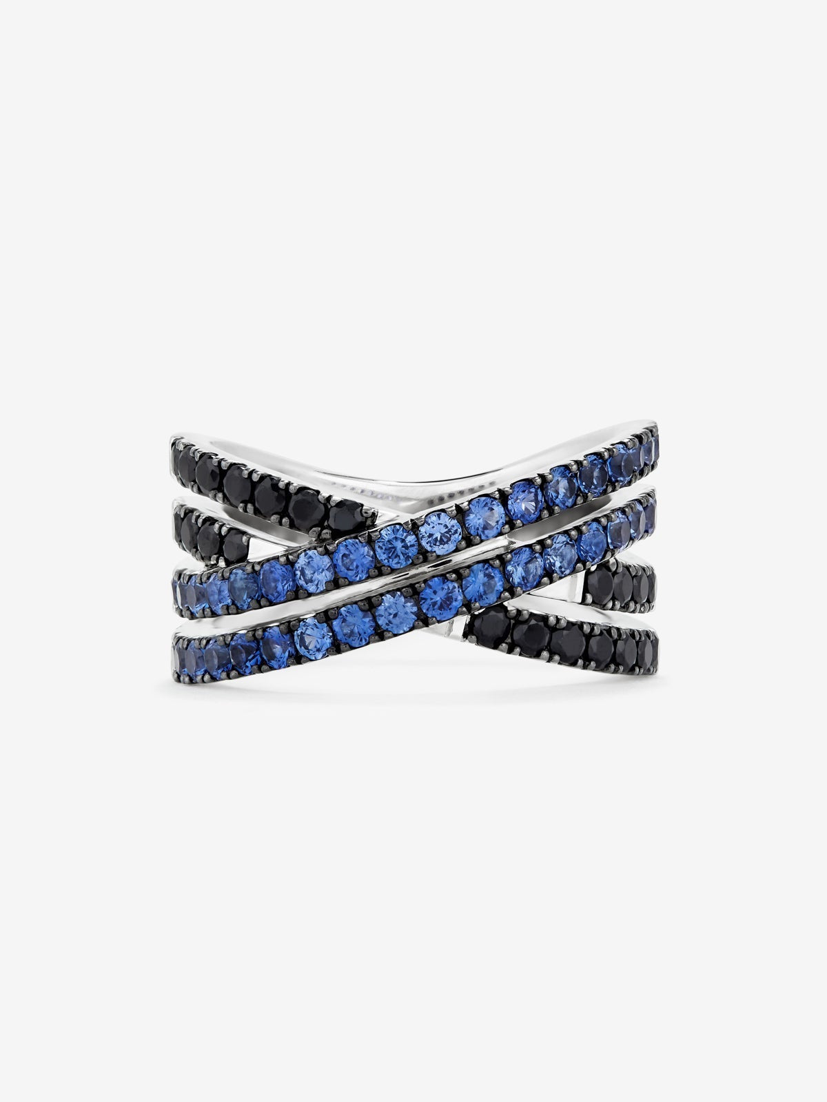 Anillo cruzado de doble brazo de plata 925 con 36 zafiros azules en talla brillante con un total de 1,26 cts y 22 espinelas negras con un total de 0,63 cts