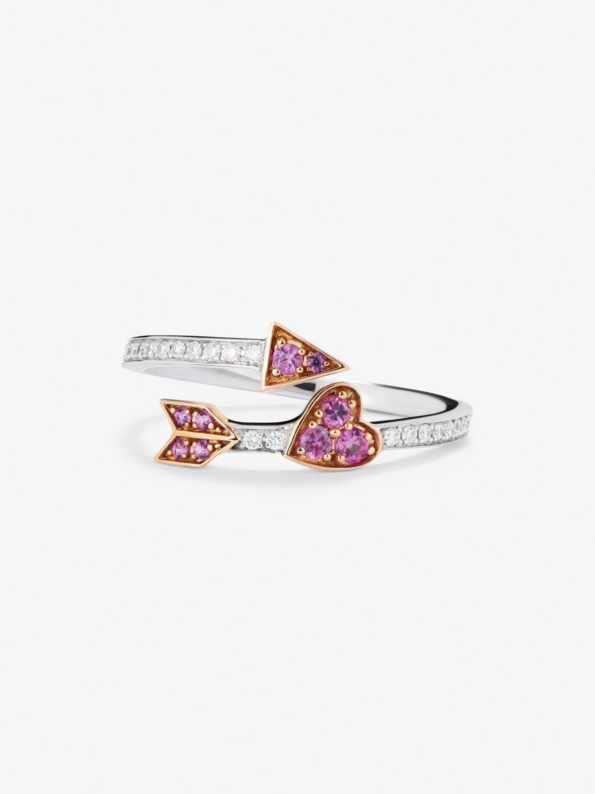Anillo tú y yo de oro blanco y rosa de 18K con corazón y flecha, diamantes blancos y zafiros rosas