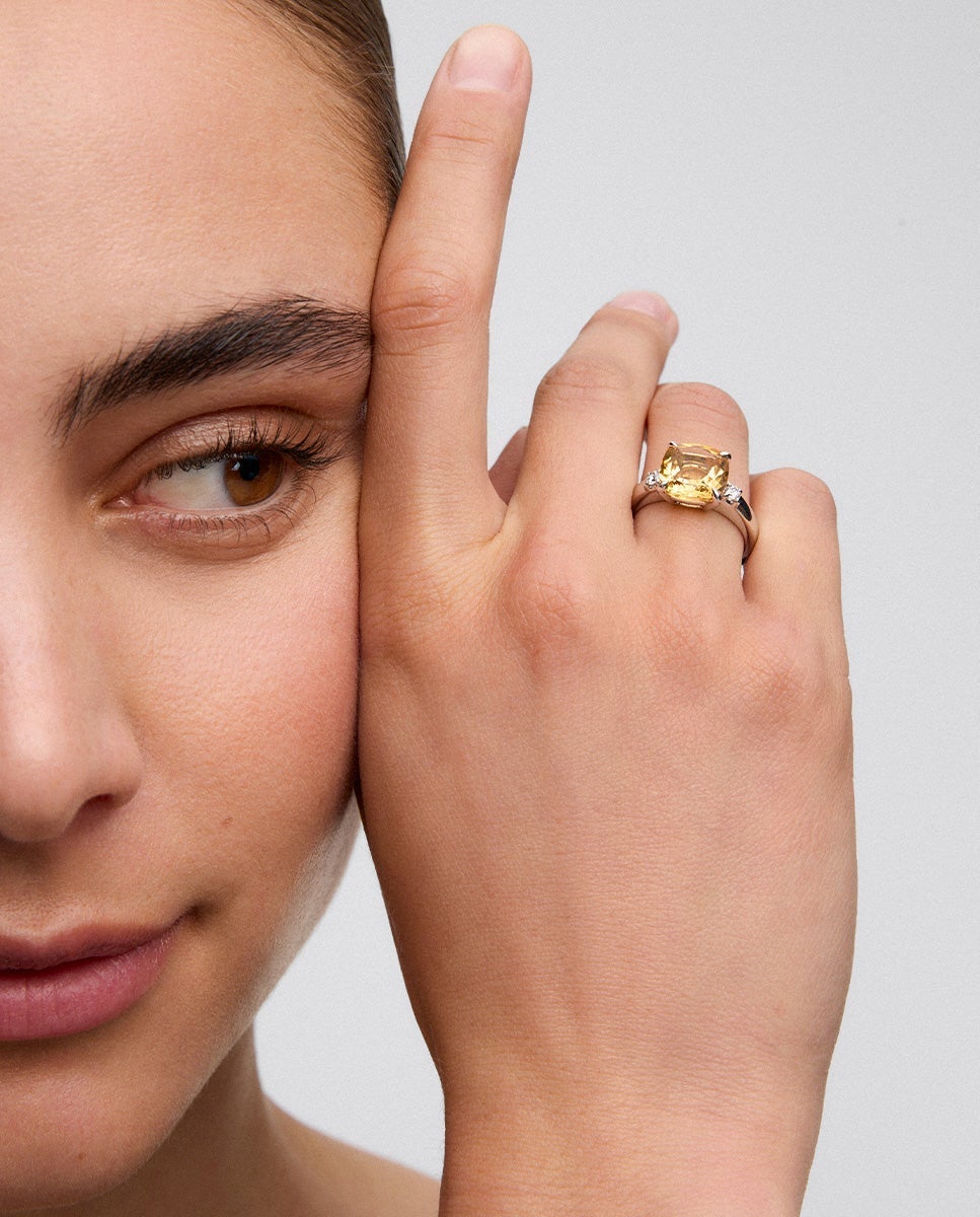 Anillo tresillo de plata 925 con citrino y diamantes