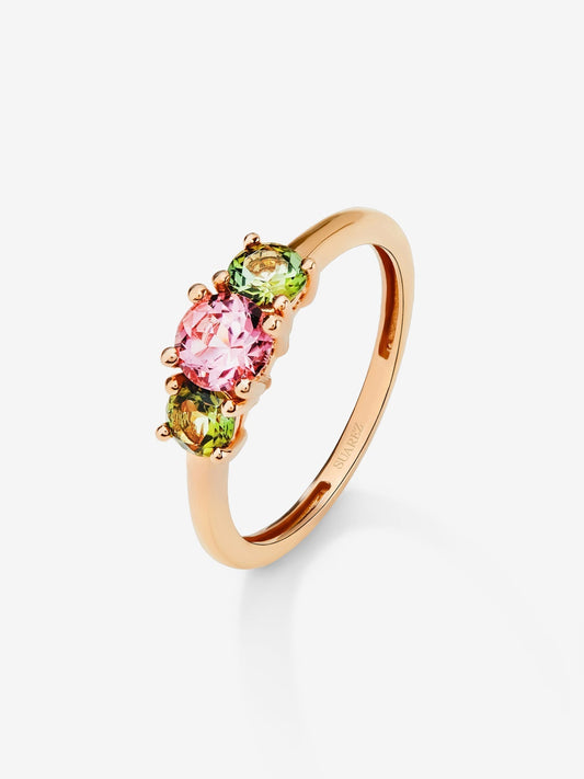 Anillo tresillo de oro rosa de 18K con 3 turmalinas multicolor en talla brillante