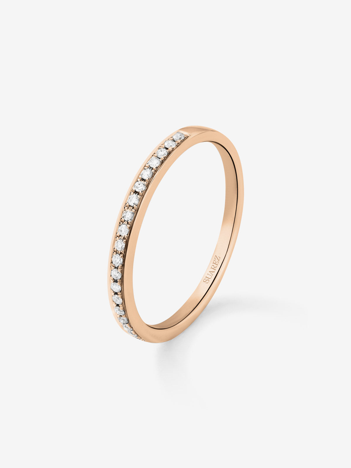 Anillo alianza media de compromiso de oro rosa de 18K con diamantes en banda