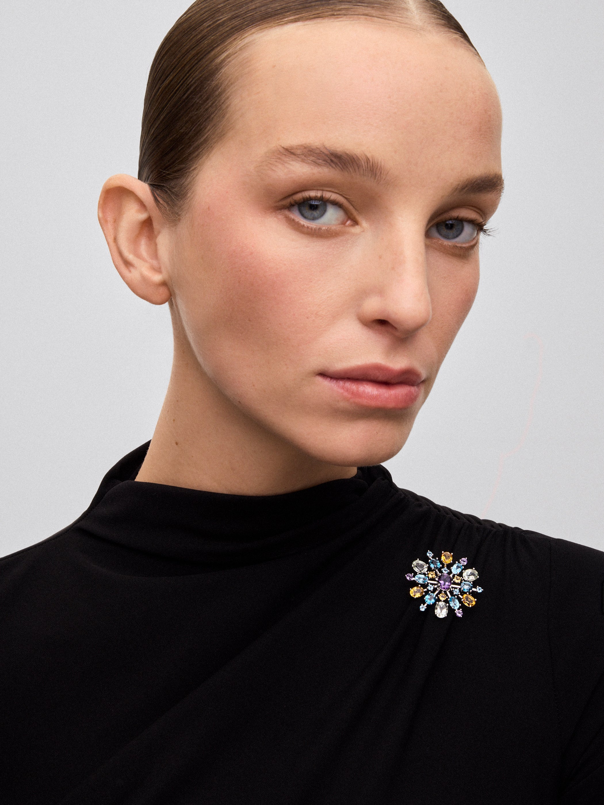 925 silver brooch with amethysts, topazes and citrine quartz