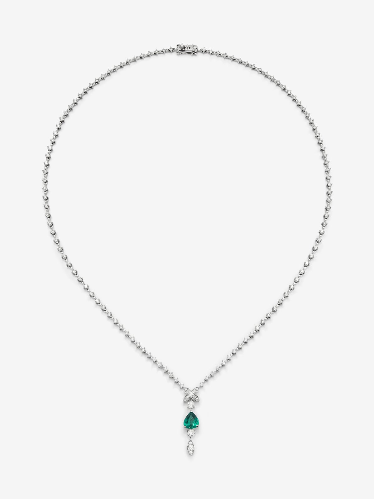 Collar rivière de oro blanco de 18K con esmeralda verde en talla pera de 1,24 cts y diamantes blancos en talla brillante de 0,41 cts
