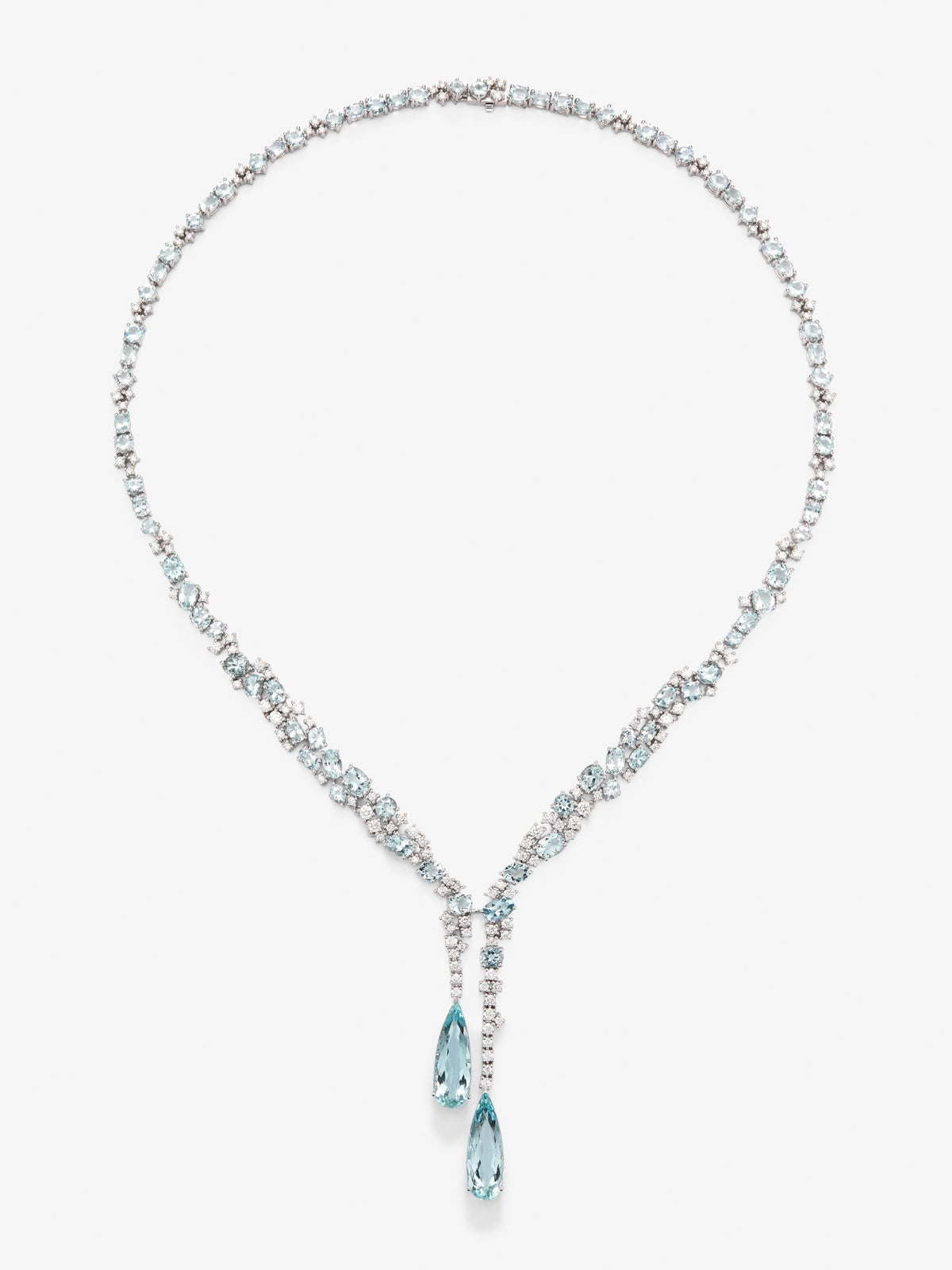 Collar de oro blanco de 18K con aguamarinas azules en talla pera de 9,9 cts y diamantes blancos en talla brillante de 5,15 cts