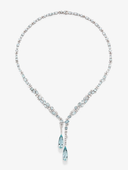 Collar de oro blanco de 18K con aguamarinas azules en talla pera de 9,9 cts y diamantes blancos en talla brillante de 5,15 cts