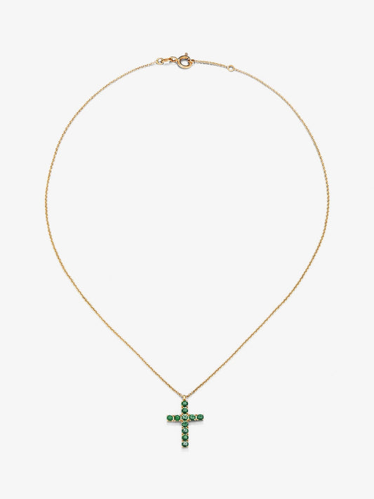 Colgante de oro amarillo de 18K con cruz de 11 esmeraldas en talla brillante con un total de 0,35 cts