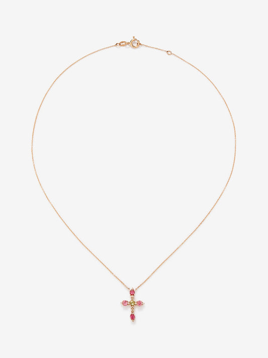 Colgante cadena cruz de oro rosa de 18K con turmalina y diamante