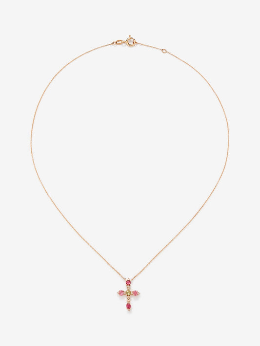 Colgante cadena cruz de oro rosa de 18K con turmalina y diamante