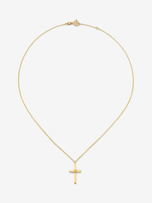 Colgante de oro amarillo de 18K con cruz grande y diamante en talla brillante de 0,015 cts