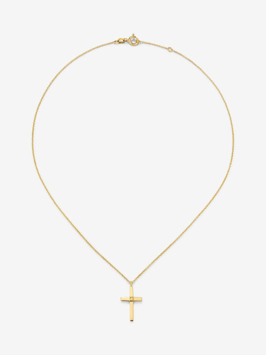 Colgante de oro amarillo de 18K con cruz grande y diamante en talla brillante de 0,015 cts