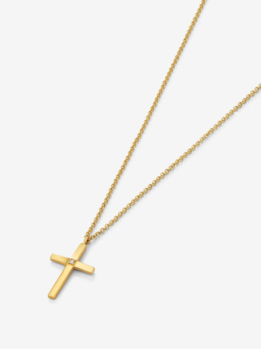 Colgante de oro amarillo de 18K con cruz grande y diamante en talla brillante de 0,015 cts
