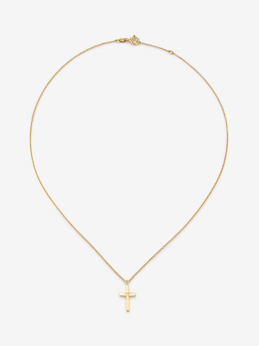 Colgante de oro amarillo de 18K con cruz mediana y diamante en talla brillante de 0,01 cts