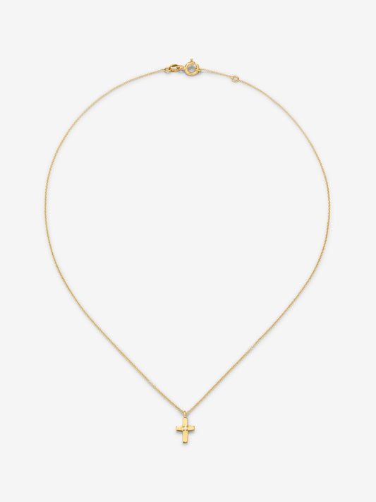 Colgante de oro amarillo de 18K con cruz pequeña y diamante en talla brillante de 0,01 cts