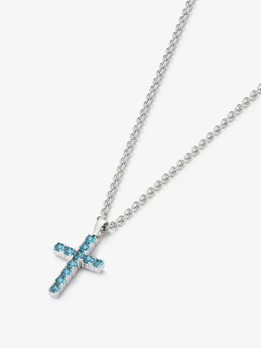 Colgante de cruz de plata 925 con 11 topacios azul london en talla brillante con un total de 0,49 cts