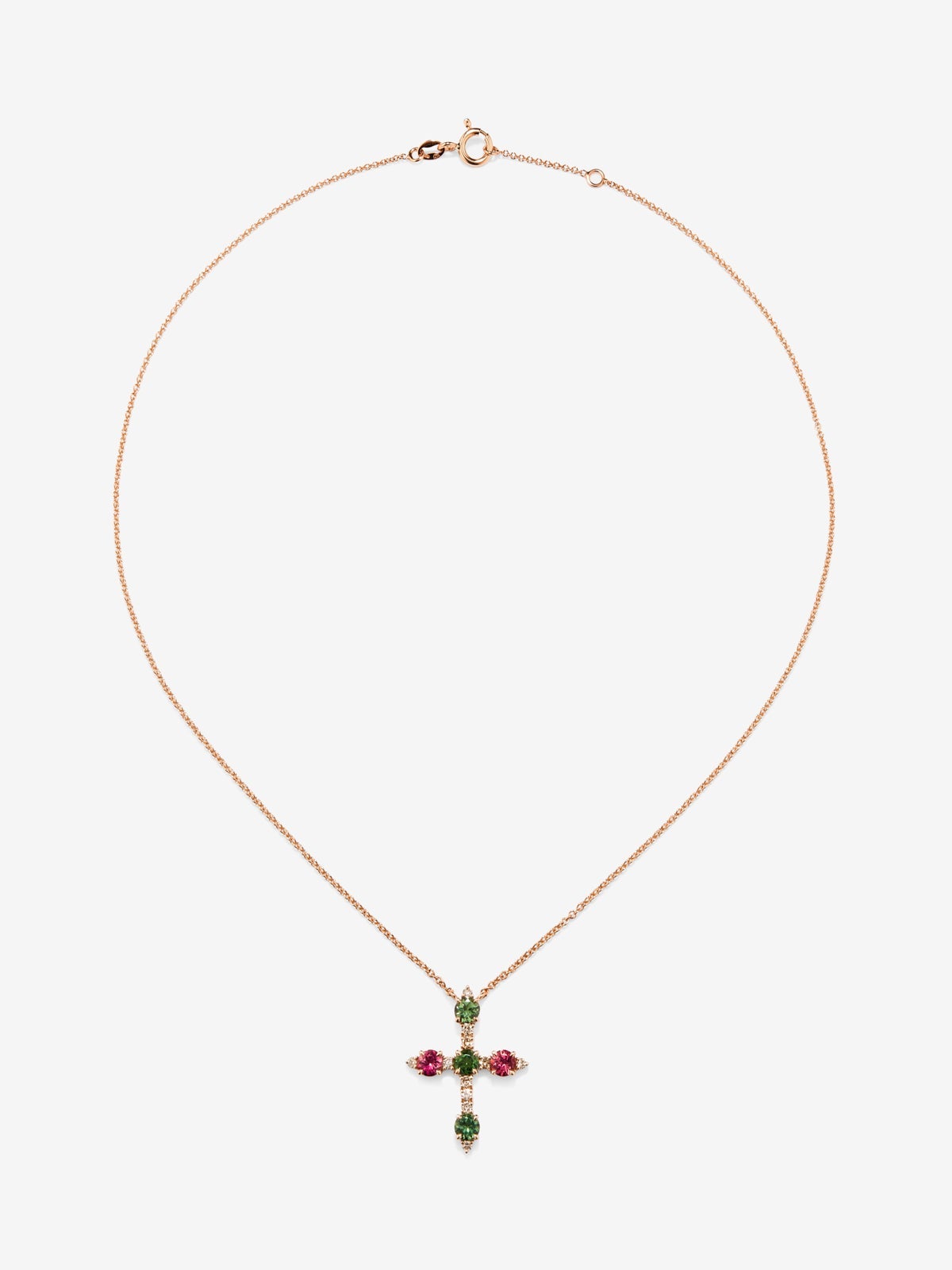 Colgante cadena cruz de oro rosa de 18K con turmalina verde y turmalina rosa