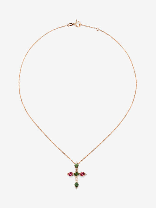 Colgante cadena cruz de oro rosa de 18K con turmalina verde y turmalina rosa