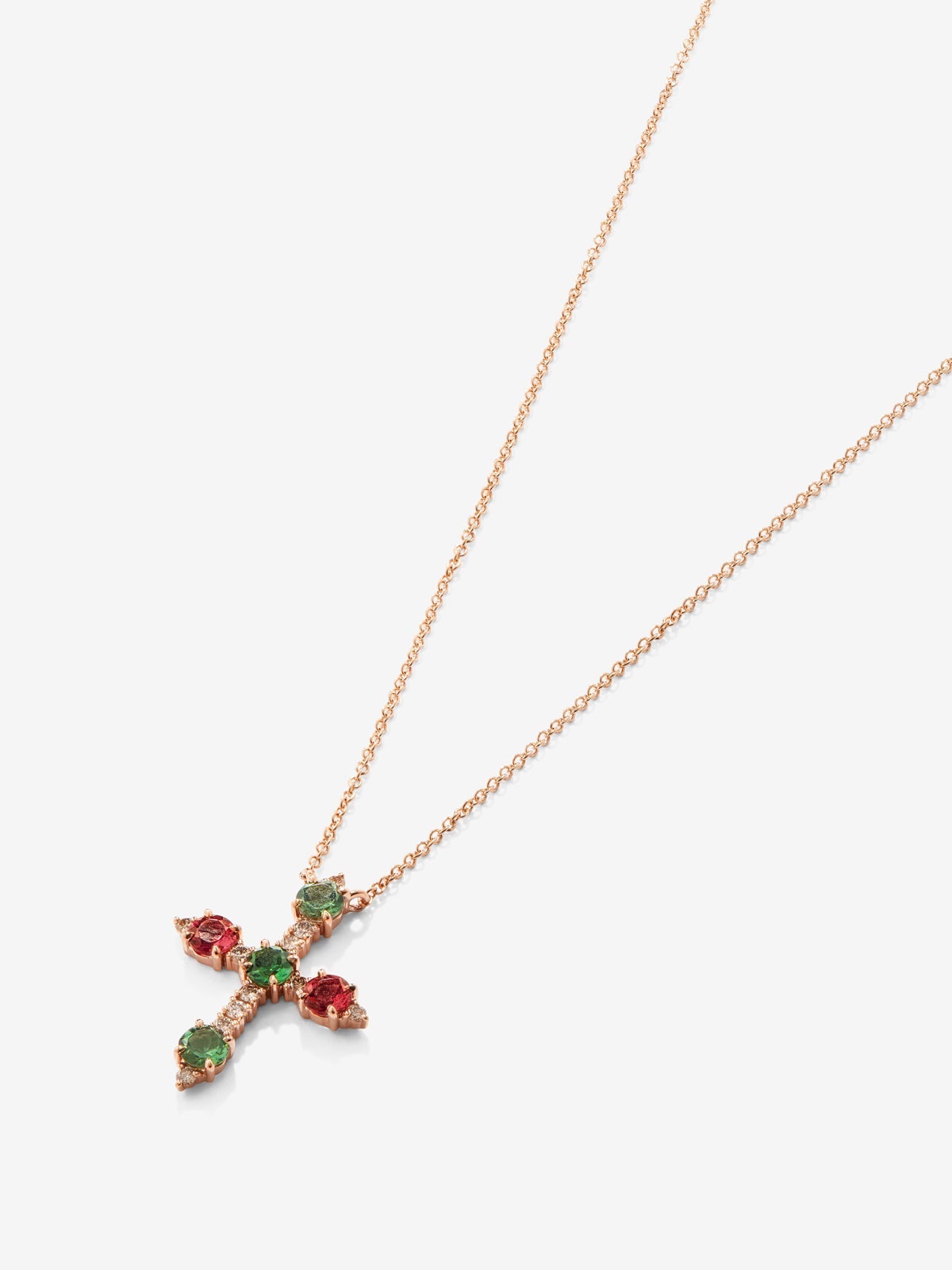 Colgante cadena cruz de oro rosa de 18K con turmalina verde y turmalina rosa