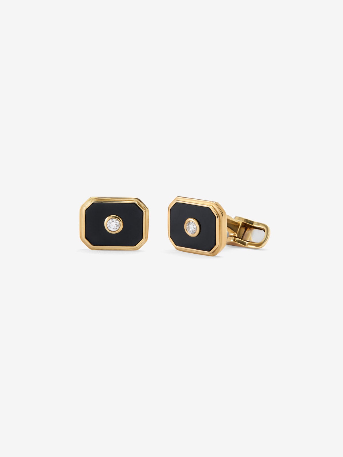 Gemelos de oro amarillo de 18K con ónix negro de 3,25 cts y diamantes blancos de 0,12 cts