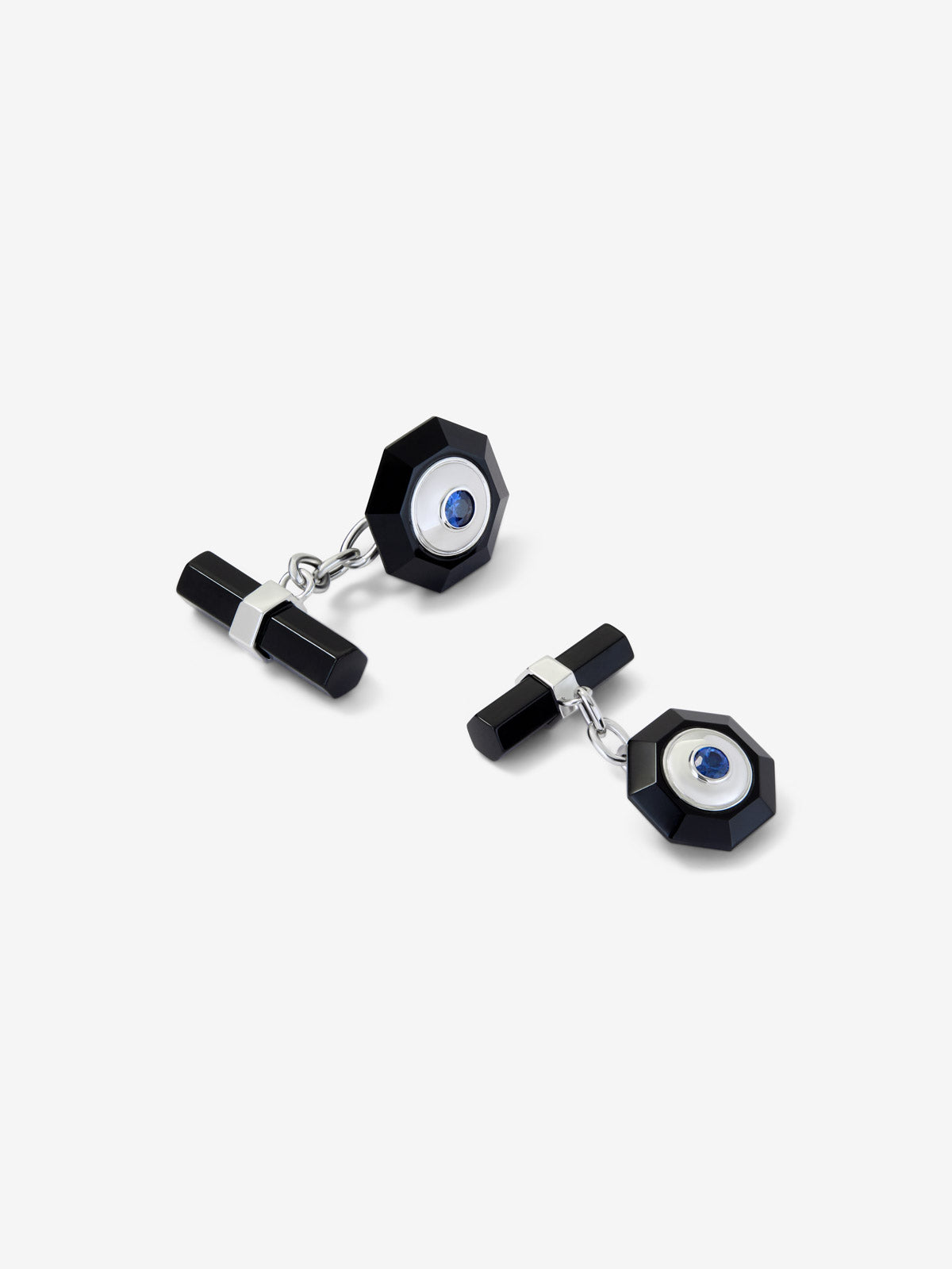 Gemelos de plata 925 con ónix negro y zafiro azul 