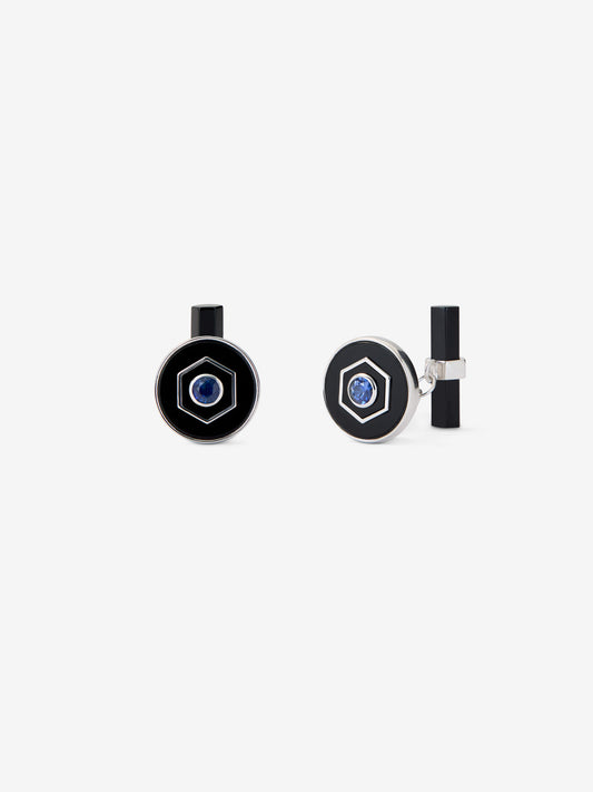 Gemelos de oro blanco de 18K con ónix negro en talla octogonal y zafiros azules