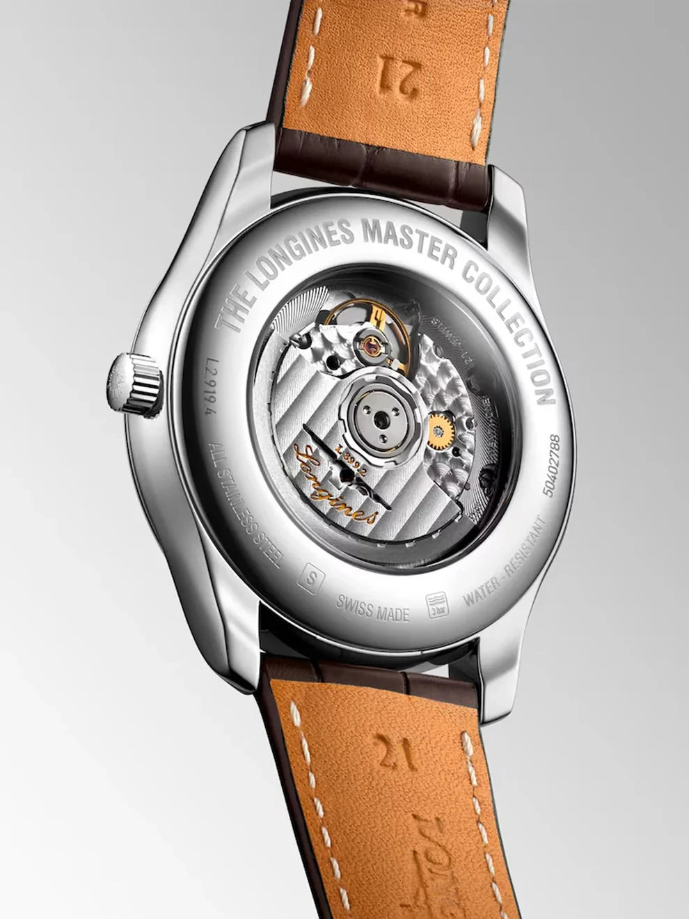 Reloj de acero inoxidable con correa de piel de caimán marrón, cristal de zafiro y movimiento automático