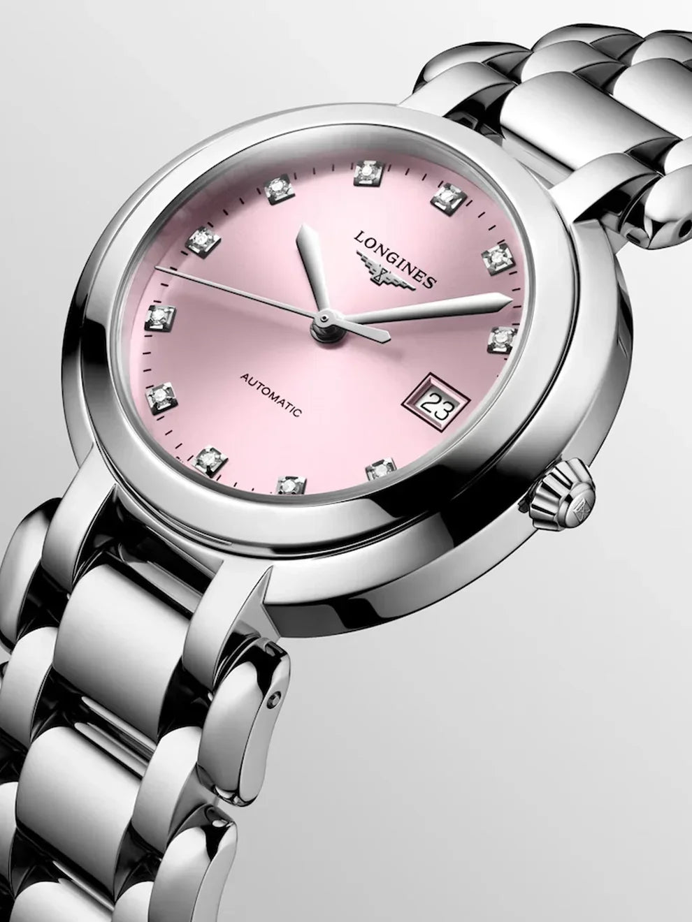 Reloj Longines Primaluna de acero inoxidable con cristal de zafiro, índices de diamantes y movimiento automático