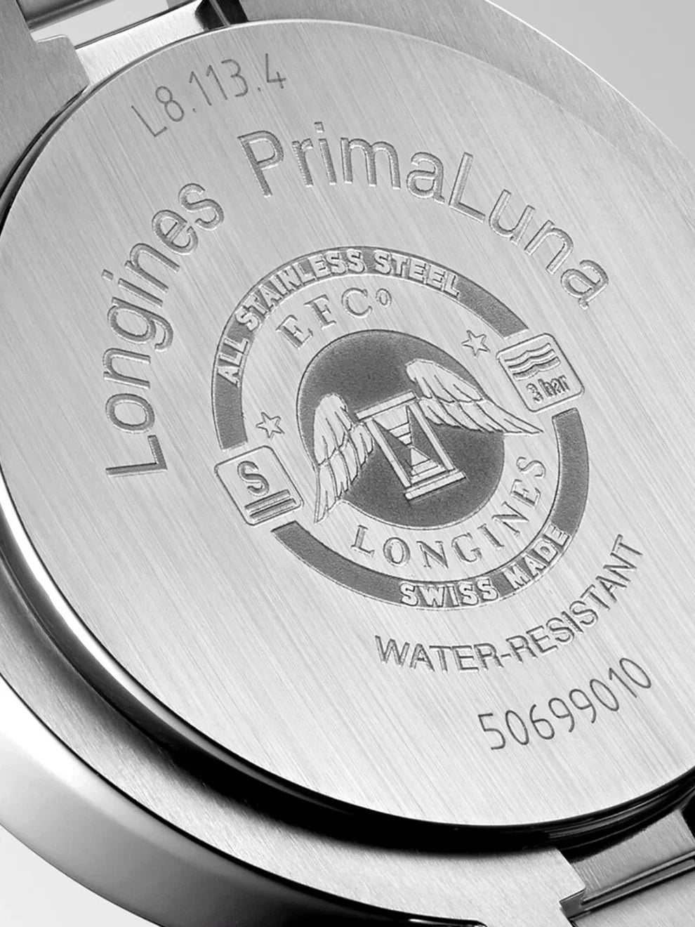 Reloj Longines Primaluna de acero inoxidable con cristal de zafiro, índices de diamantes y movimiento automático
