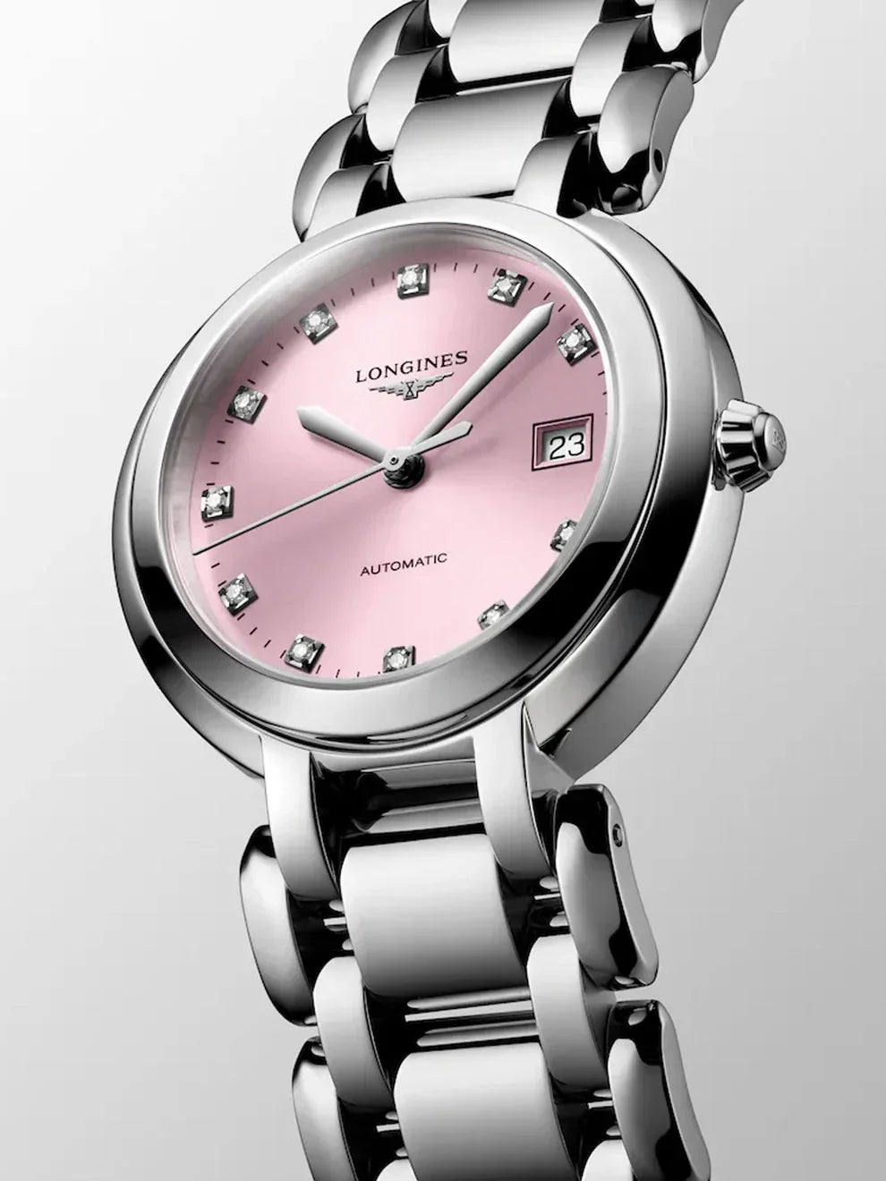 Reloj Longines Primaluna de acero inoxidable con cristal de zafiro, índices de diamantes y movimiento automático