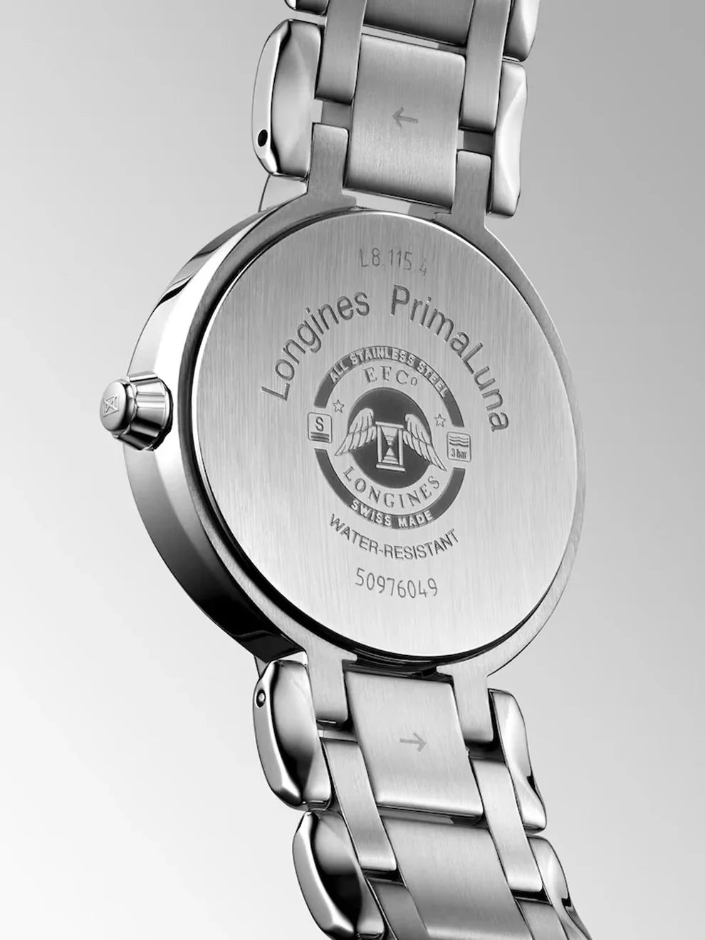 Reloj Longines Primaluna de acero inoxidable con cristal de zafiro, índices de diamantes y movimiento automático