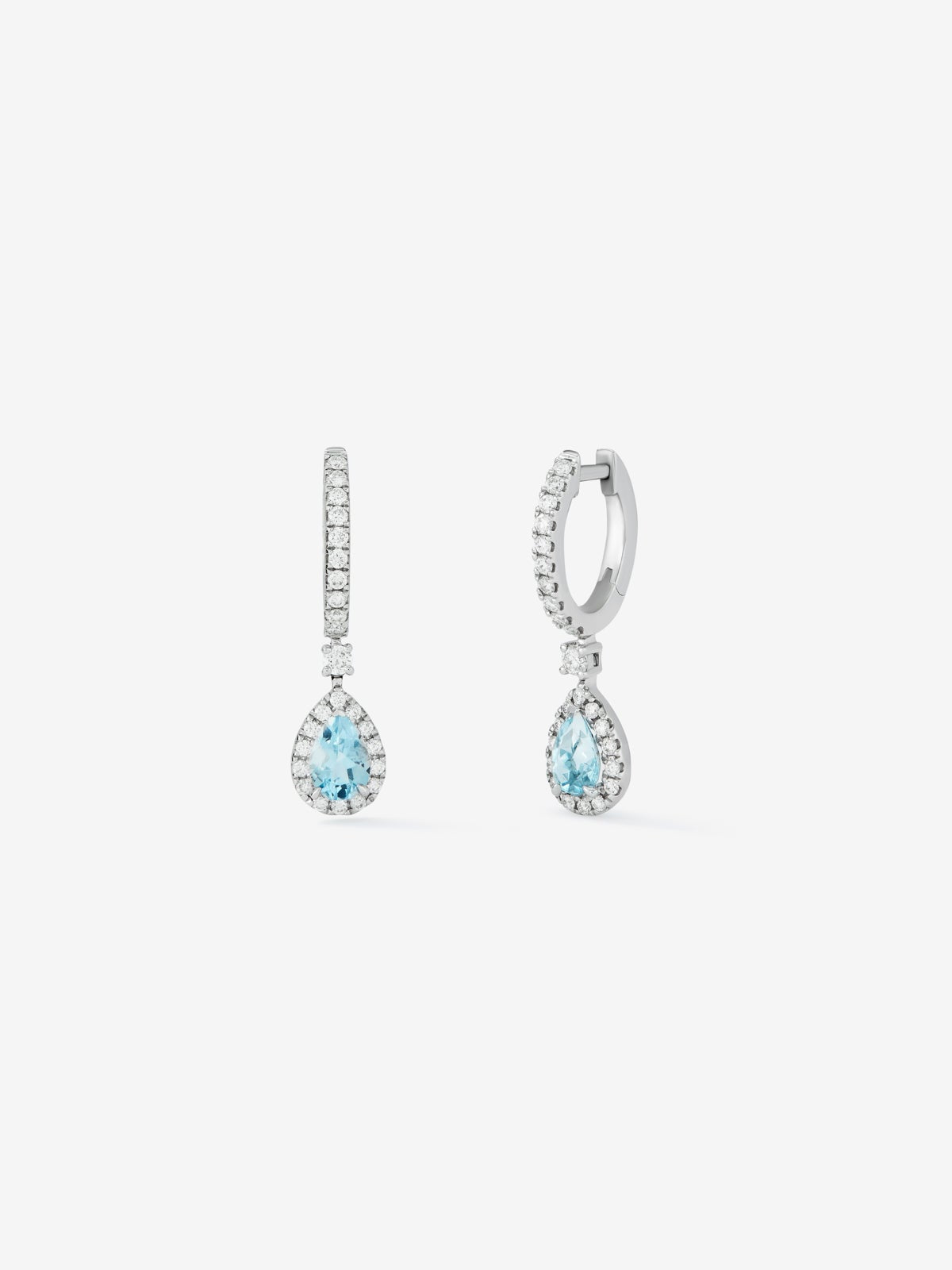 Pendientes de oro blanco de 18K con aguamarinas rosas en talla pera de 1,18 cts y diamantes blancos en talla brillante de 0,43 cts