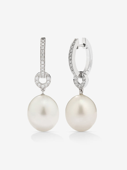 Pendiente de aro de oro blanco de 18k con colgante de perla australiana de 9 mm y diamante