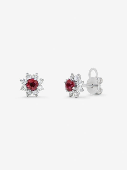 Pendientes estrella de oro blanco de 18K con rubi y diamante