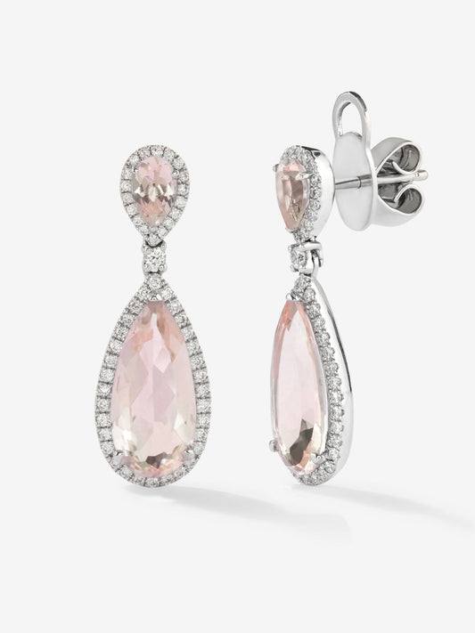 Pendientes de oro blanco de 18K con morganitas en talla pera de 5,04 cts y diamantes en talla brillante de 0,5 cts