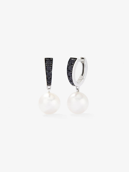 Pendientes de aro de plata 925 con espinelas negras y perlas akoya de 8,5mm