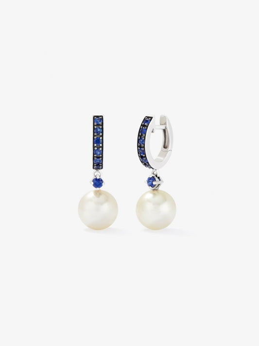 Pendiente de aro de plata 925 combinado con perla australiana de 8,5 mm y zafiro