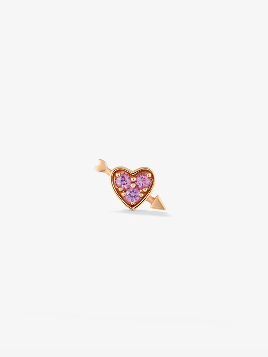 Pendiente individual de oro rosa de 18K con 3 zafiros rosas en talla brillante con un total de 0,1 cts y forma de corazón