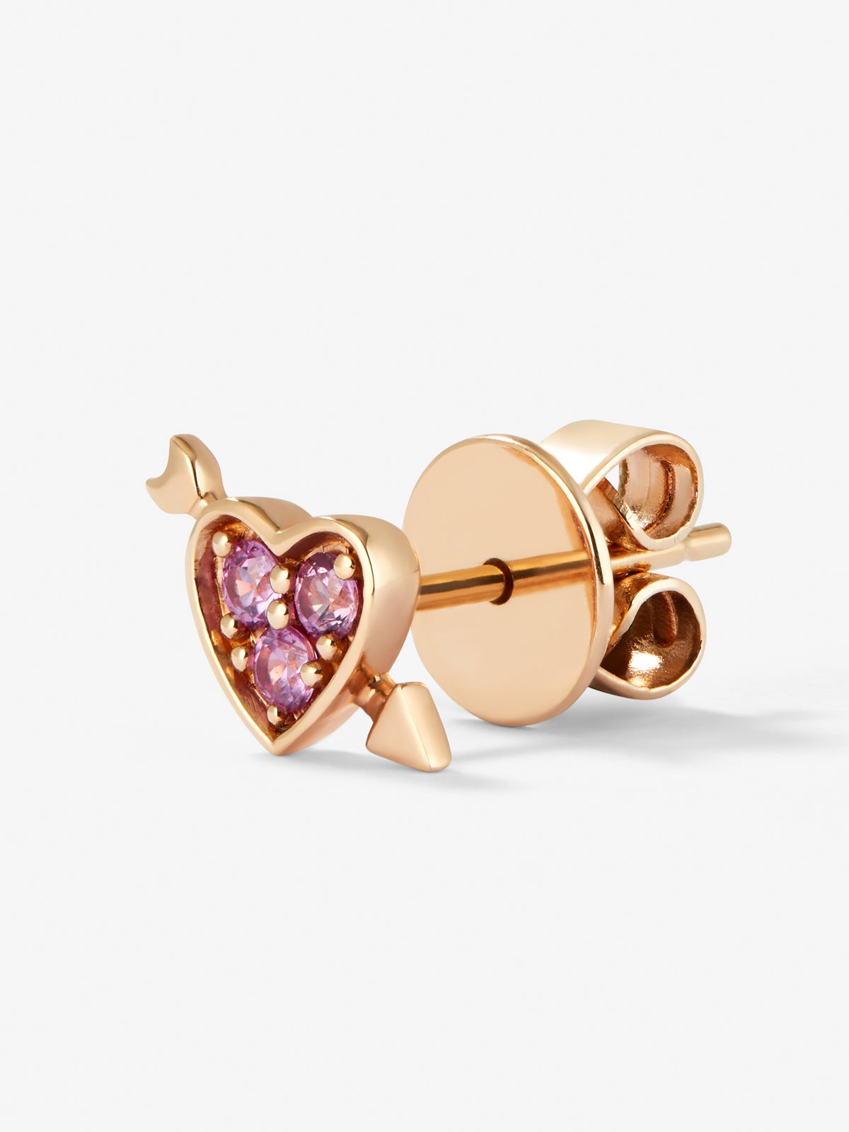 Pendiente individual de oro rosa de 18K con 3 zafiros rosas en talla brillante con un total de 0,1 cts y forma de corazón
