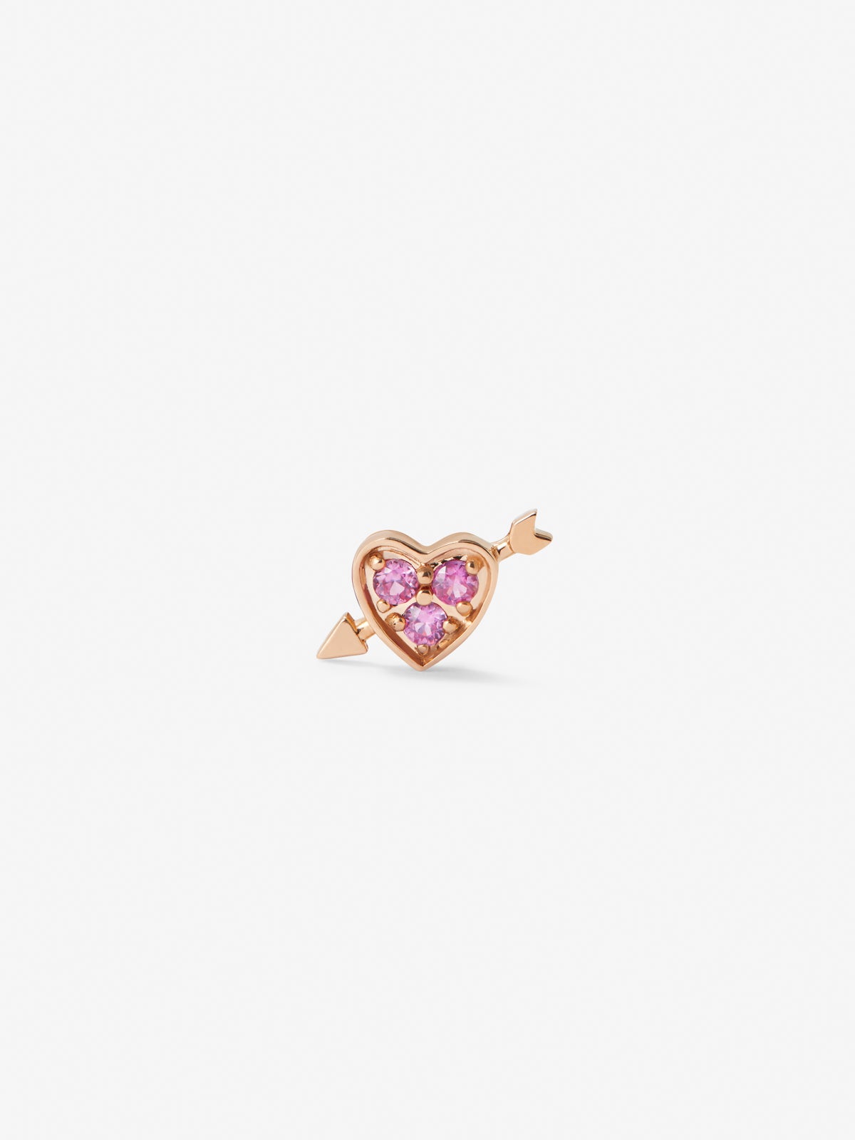 Pendiente individual de oro rosa de 18K con 3 zafiros rosas en talla brillante con un total de 0,1 cts y forma de corazón