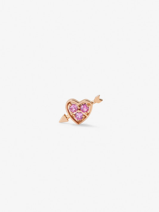 Pendiente individual de oro rosa de 18K con 3 zafiros rosas en talla brillante con un total de 0,1 cts y forma de corazón