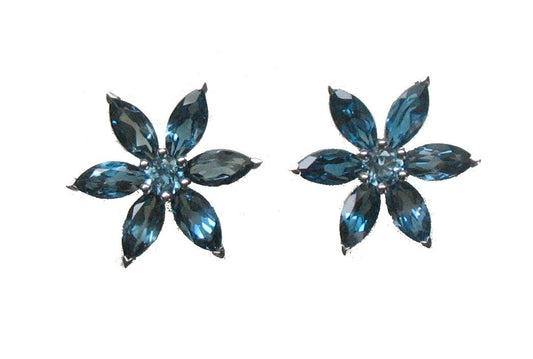 Pendientes flor de plata 925 topacios azul london y azul swiss