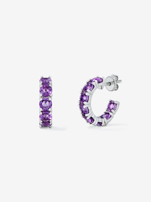 Pendientes de aro de plata 925 con 16 amatistas moradas en talla brillante con un total de 3,36 cts
