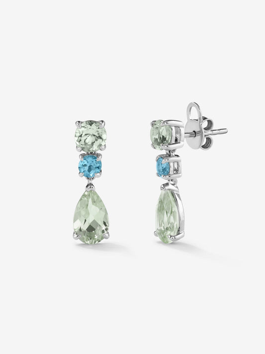 Pendientes de plata con amatista verde brillante y topacio azul swiss